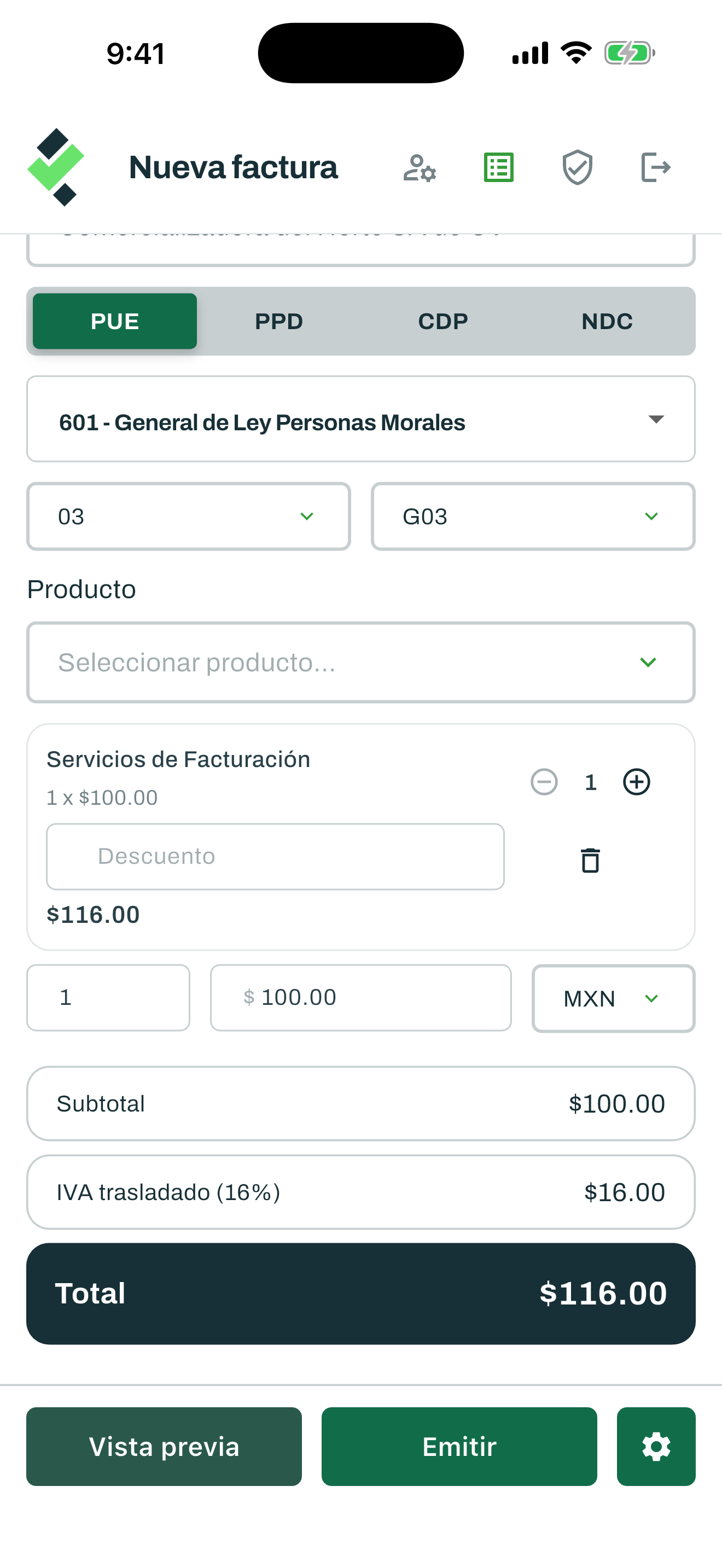 Captura de una factura con conceptos, importes y vista previa.