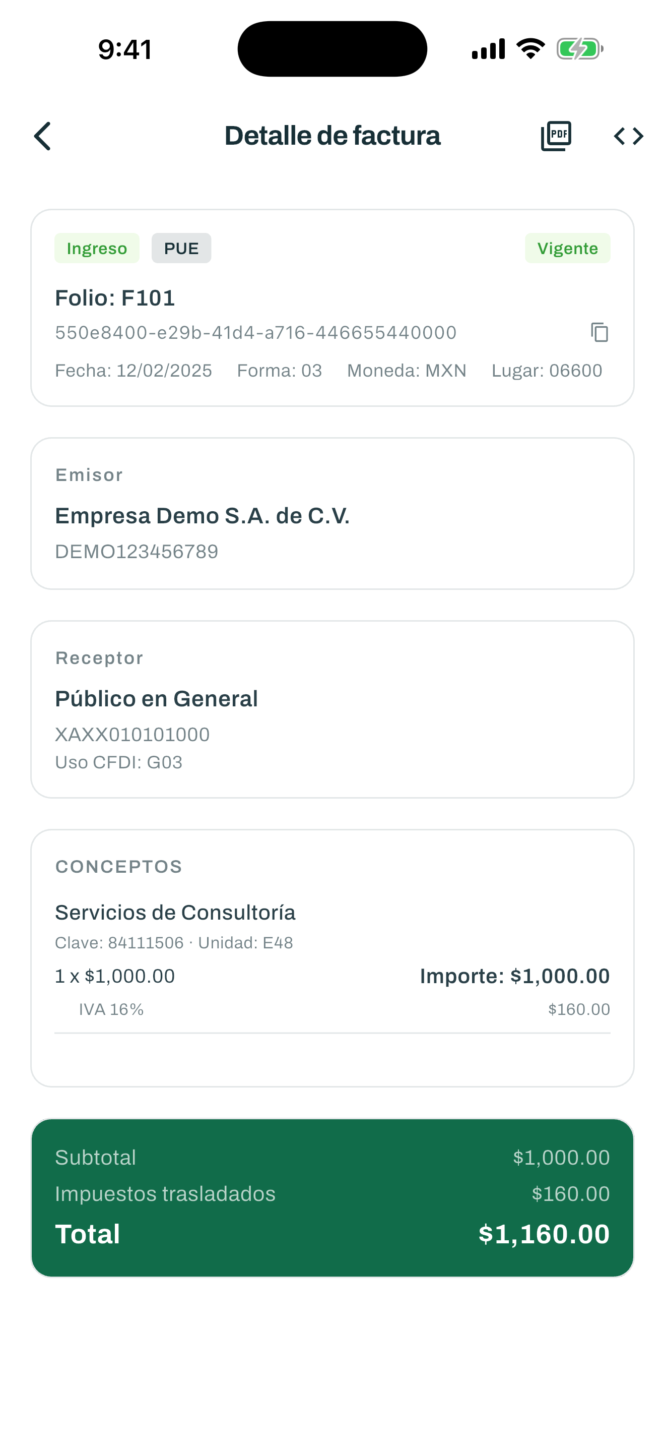 Datos del emisor, receptor y conceptos de una factura.